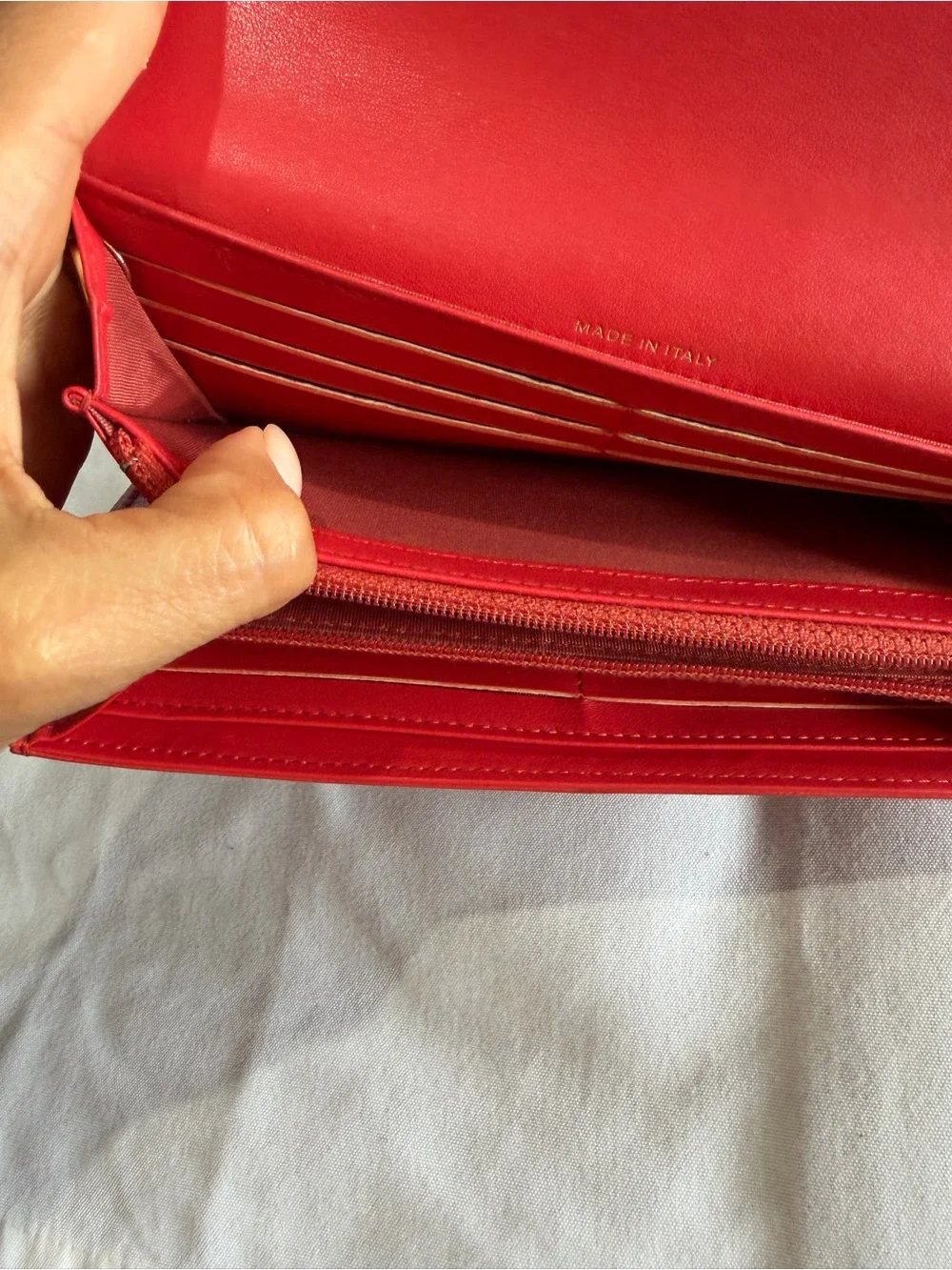 Authentic Chanel Red Lambskin Long Wallet CC Logo Series 26 w/ Added Chain